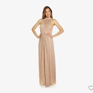 Metallic Knit Halter Long Gown In Champagne Gold